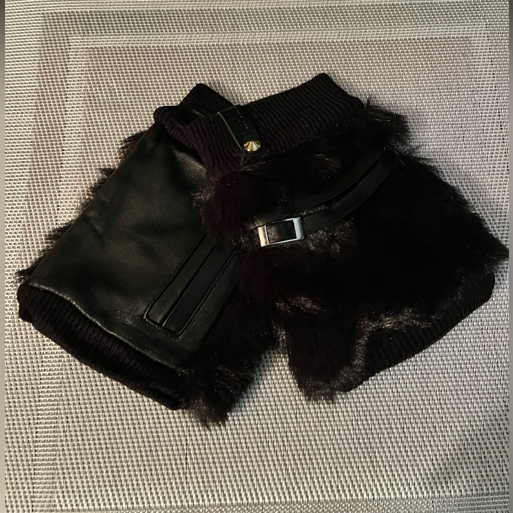 ⚫️FURLUX NWT AUTHENTIC LEATHER & FAUX FUR BLACK SUPER SOFT FINGERLESS GLOVES